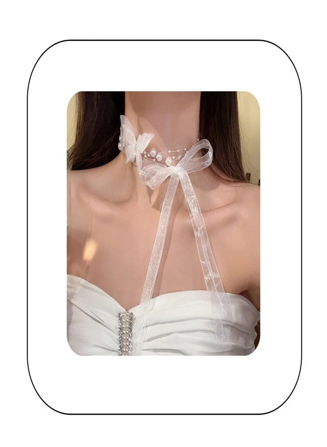Rannyrena Boho Lace Butterfly Y Necklace Layered Long Wrap Choker Necklace Dainty Pearl Station Bow Tie Necklace for Women (White) - Image 1